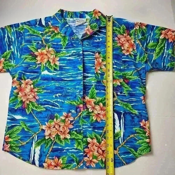Vintage Beverly Hills Blues Floral Hawaiian Button Up Shirt Size Medium USA Made - Picture 7 of 8